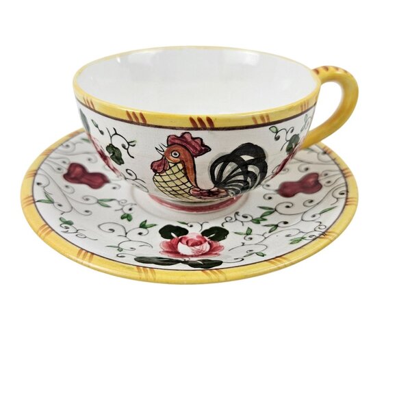 UCACGO Other - UCAGCO Early Provincial Hand Painted Rooster Rose Cup Saucer Set Japan Vintage